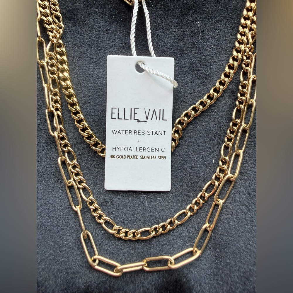 Ellie Vail 18k Gold Plated Layered Chain Necklace Triple Strand Watet Resistent